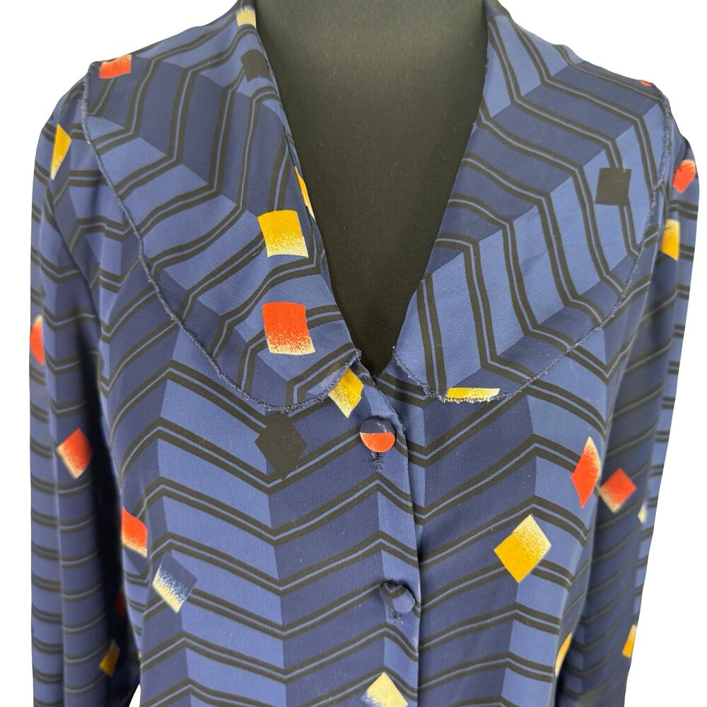 Vintage 80s Geometric Optical Illusion Tunic Blouse Sheer Chiffon Side Slits Top